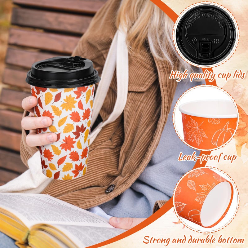 Whaline 50 Pcs Hello Fall Coffee Paper Cups Autumn Leaves Pumpkin 16oz Disposable Cups with Lids for Hot Cold Drinks Thanksgiving Holiday Party Supplies - Image 3